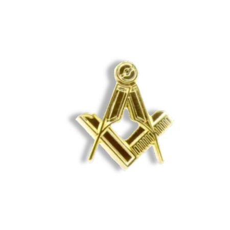 A gilt metal lapel pin in the shape of a sqaure and compasses.