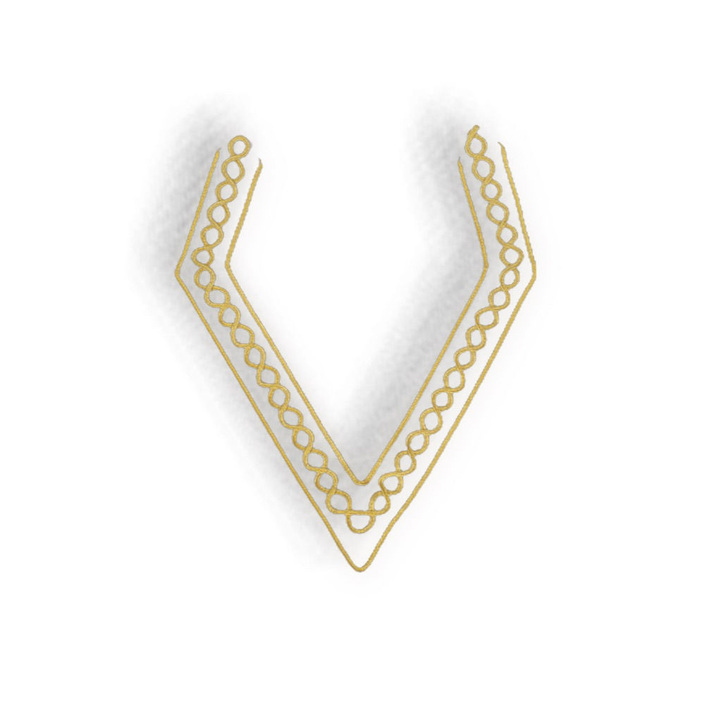 Narrow whire moré ribbon collar with gold edging and chain pattern in the centre.