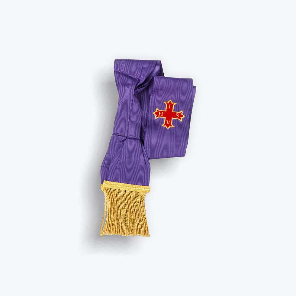 Red Cross of Constantine Companion Sash of purple moire ribbon and gold tassels with embroidered red cross flory.