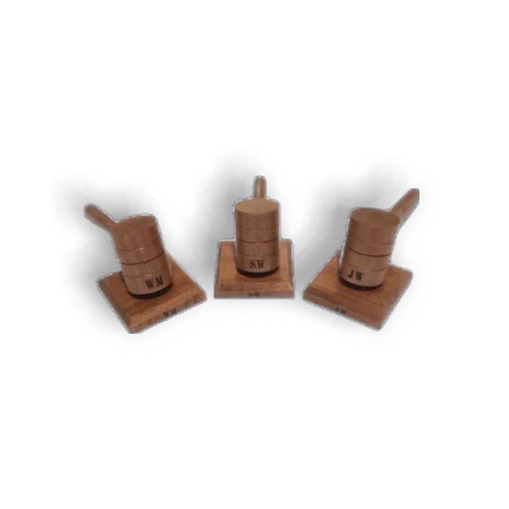 Set of three round headed gavels with matching knocking blocks.
