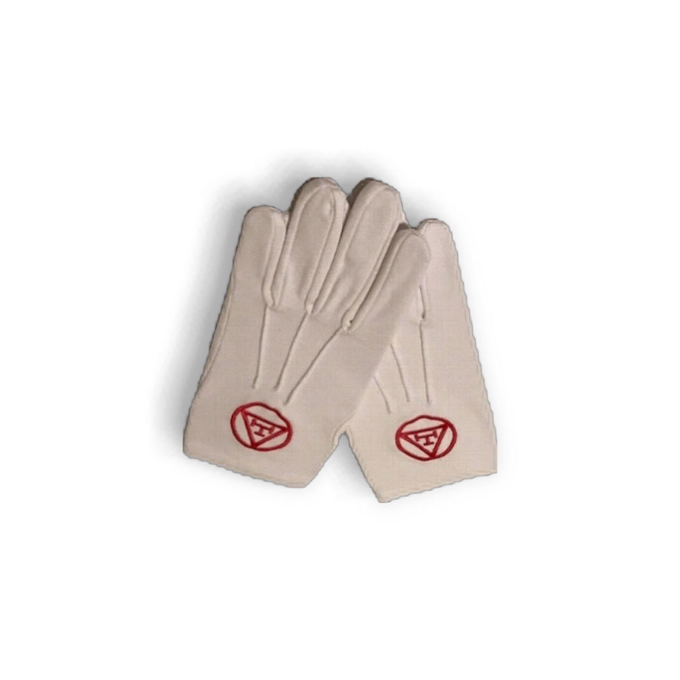 White cotton gloves with red embroidered triple tau motif