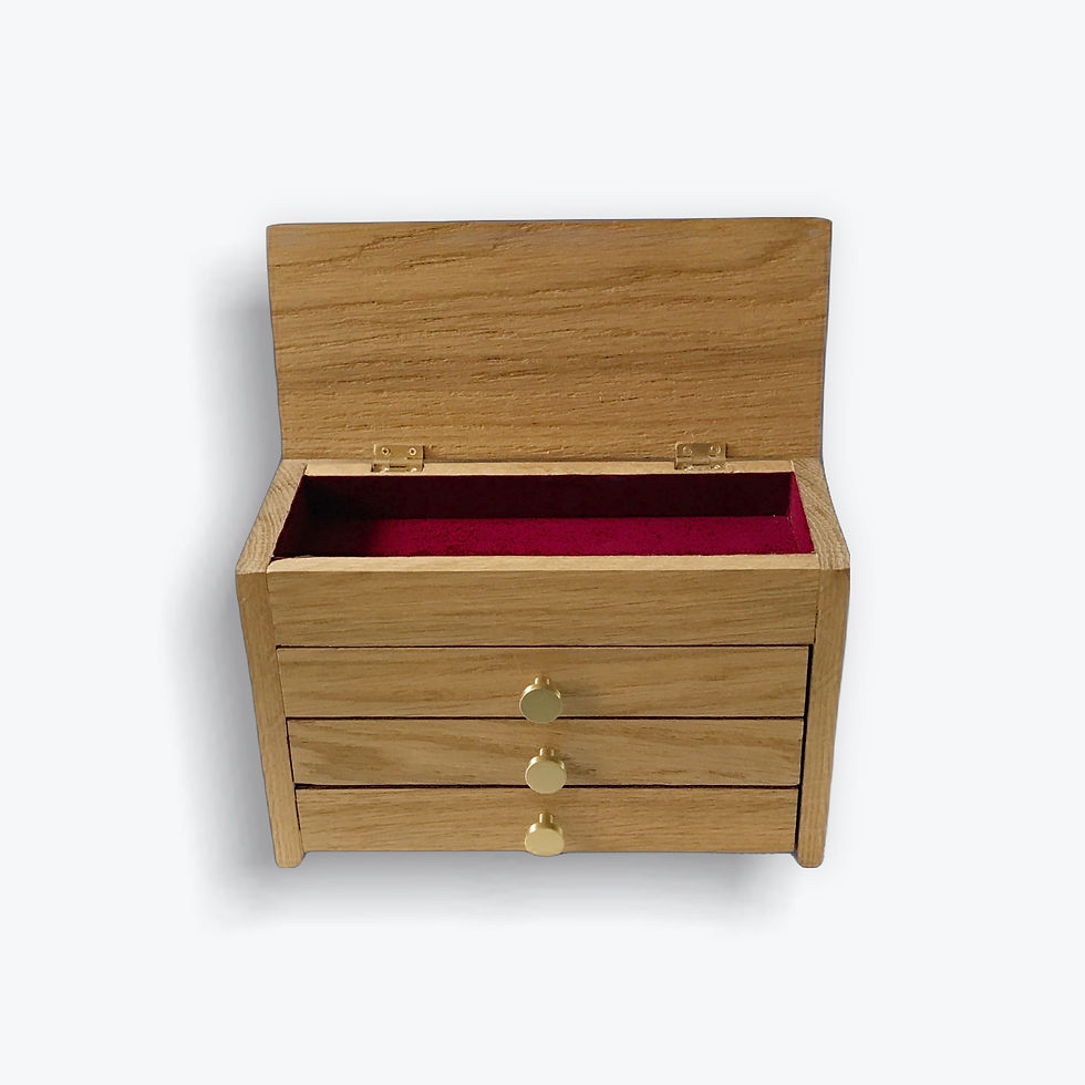 Thumbnail: Three drawer wooden cufflink case with open lid.