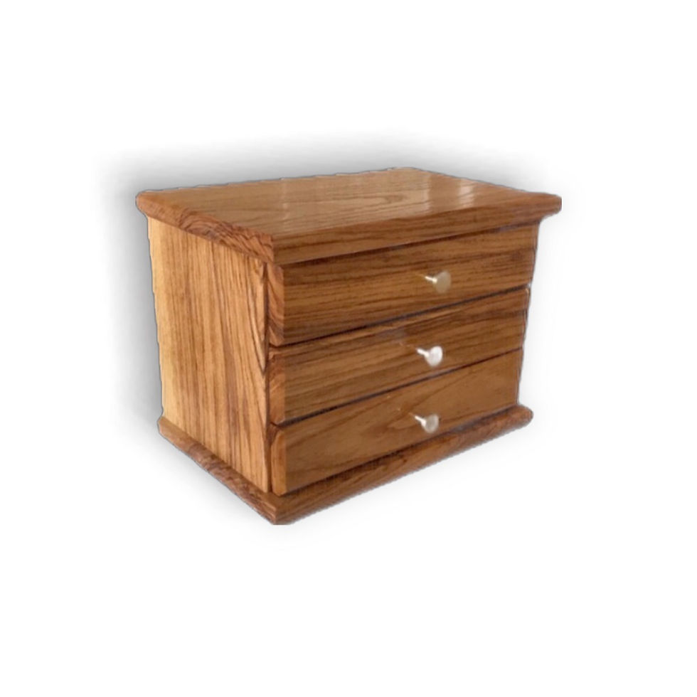 Wooden cabinet with three drawers.