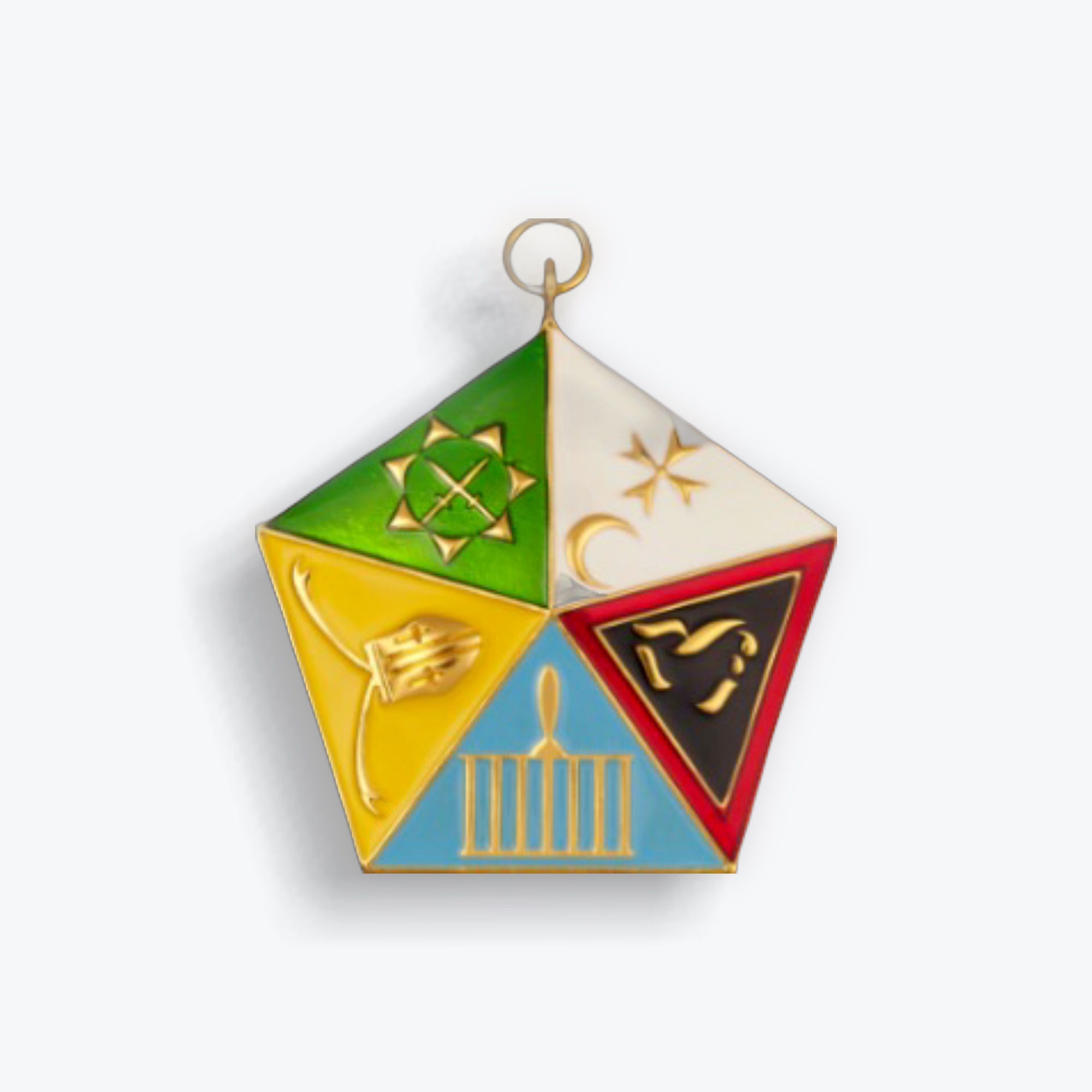 Allied masonic degrees past master collarette jewel in the form of a gilt and enamelled segmented pentagon.