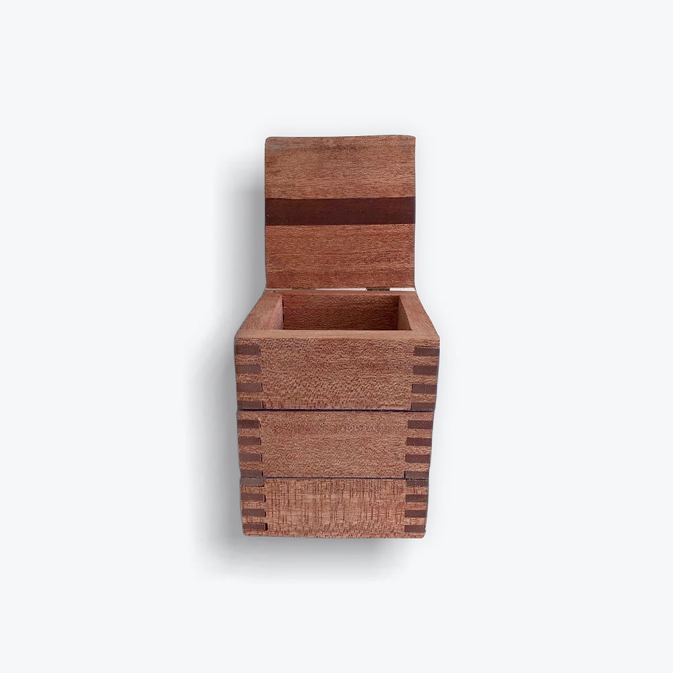 Thumbnail: Tall wooden jewellery box with rotating sections closed and lid open.