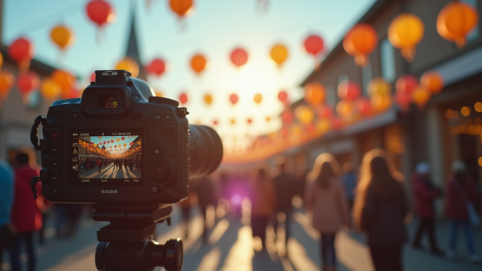 Eye-level view of a camera filming a lively outdoor event with colorful decorations