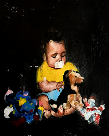 orignal ryan static painting bestfriends black acrylic on canvas painting by ryan static baby with toys