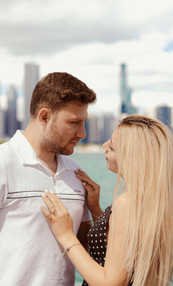 Couple in love look at each other, couple photography Chicago, scenic background
