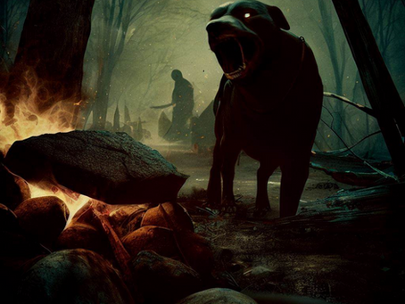 A dog near a campfire