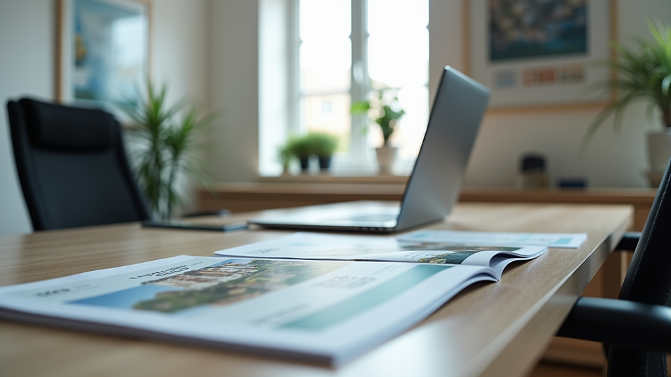 Eye-level view of a modern office desk with property brochures and a laptop