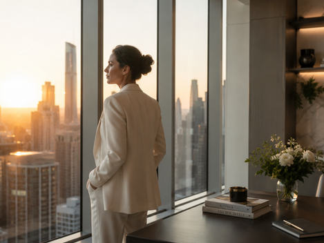 Woman in office looking out of window