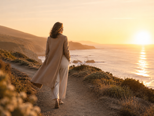 Woman walking at sunset