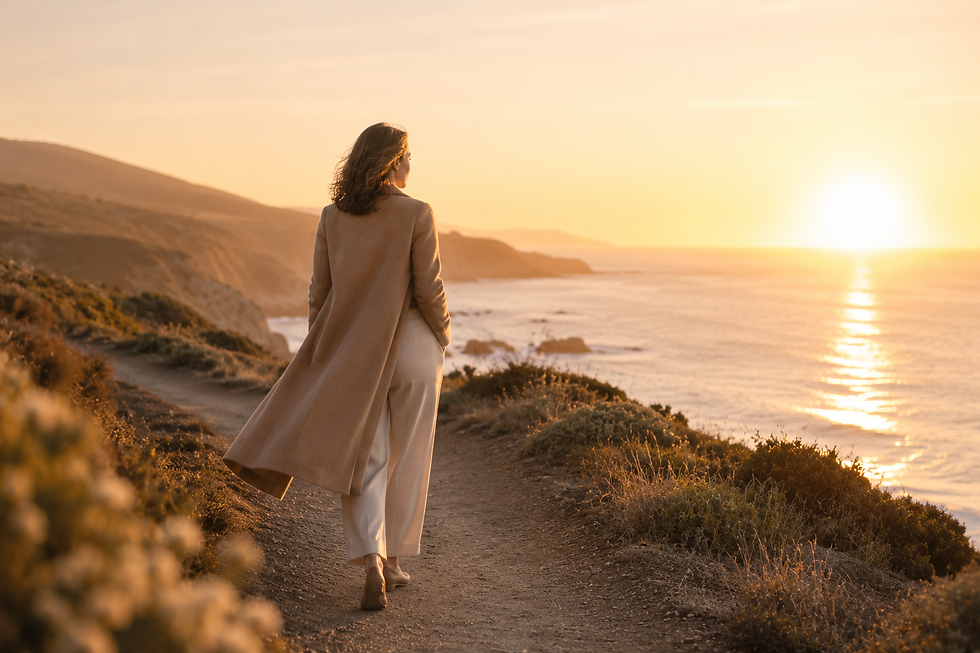 Woman walking at sunset