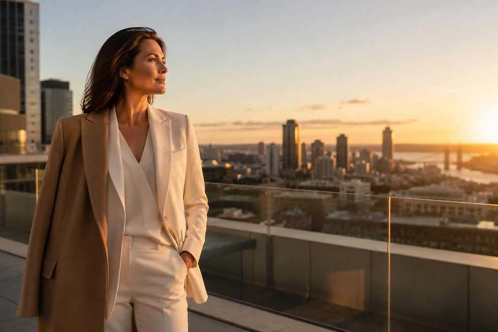 A confident professional standing on a rooftop overlooking a city at sunrise, focused on a single point in the distance, symbolising clarity, alignment and intentional focus.