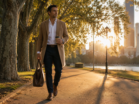 A professionally dressed man walking confidently through a peaceful city park at sunrise, symbolising discipline without force, consistency and intentional daily rhythm.