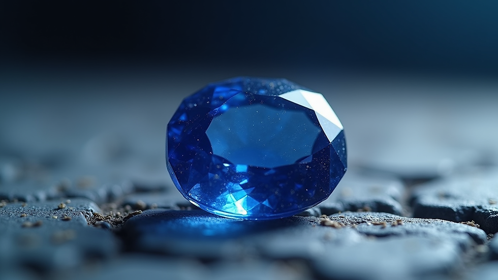 Eye-level view of a sapphire gemstone with deep blue hue