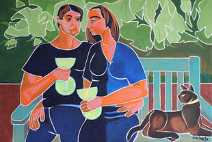 A man and a woman are seated  close together  with their arms around each other on a garden bench in front of exuberant foliage, with a dark brown Burmese cat beside them They are drinking large glasses of something. It might be the end of a hot summer’s day. My usual trio of colours was stretched her as there are several blues and greens and blue-green in the depth of the foliage and the orange skin tone  is mixed with Burnt Sienna and the Van Dyke Brown used for the cat’s fur to indicate a terrace under the bench. Someone said this image was almost surrealist - I think that maybe because of the way I rendered the glasses. The shadow pattern on his glass almost looks like a face - and you know what people call inebriation in the vernacular, getting “sh**t faced” but it may be because her eyes are as green as the leaves.