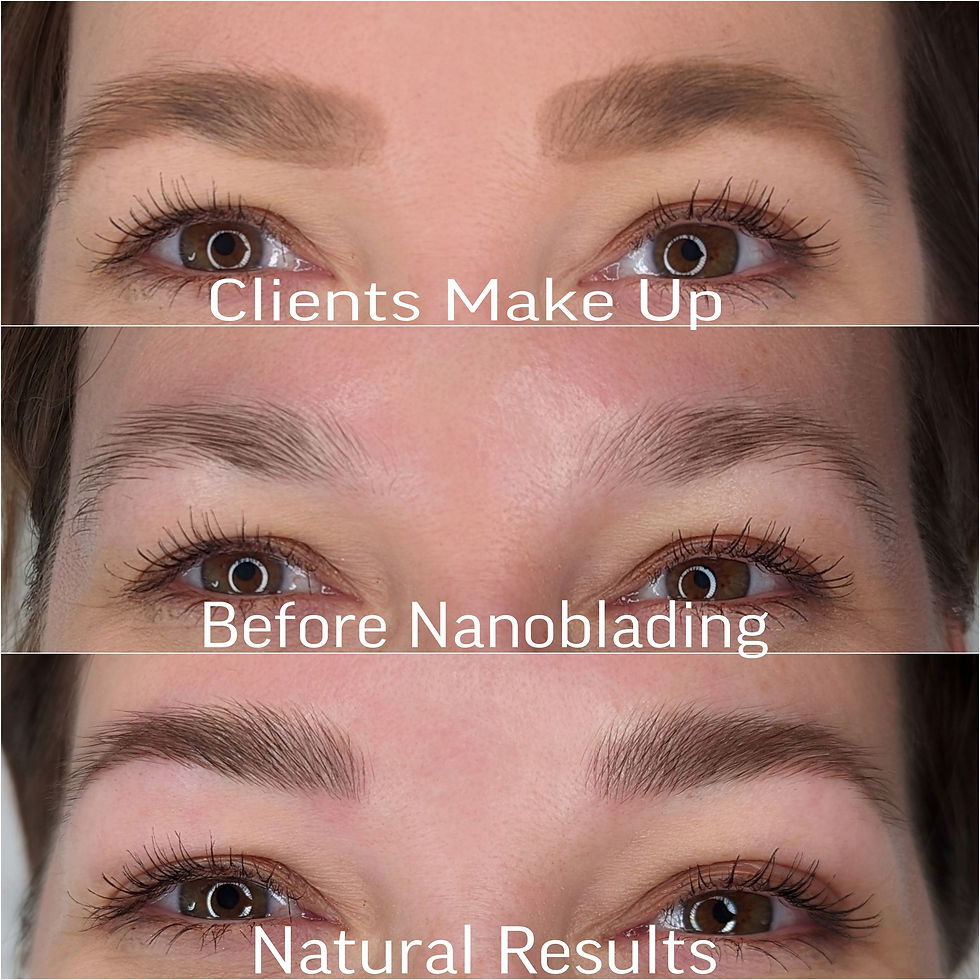 Close-up image of finely sculpted eyebrows achieved through nanoblading technique, showcasing precise strokes for natural-looking definition by Jemma Jarman, Permanent Makeup artist, Brighton