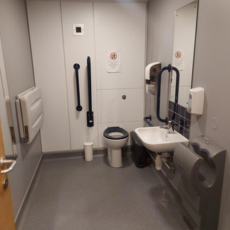 Standard accessible toilet with baby changing fold-down table to the left and a sink and hand dryer to the right. There are high contrast grab rails and toilet seat.
