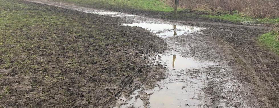 Extremely muddy footpath curving to the left with footprint shapes in the mud and puddles of water.