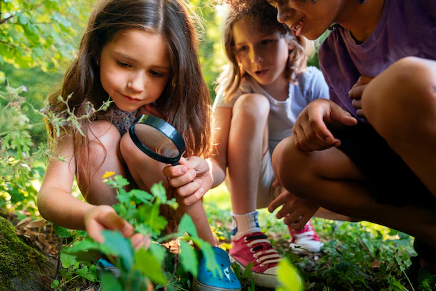 Children crouching in woodland with magnifying lenses, looking at moss and leaves.