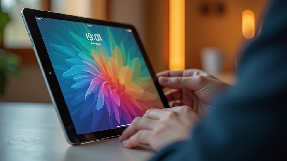 Eye-level view of a colorful digital art piece displayed on a tablet