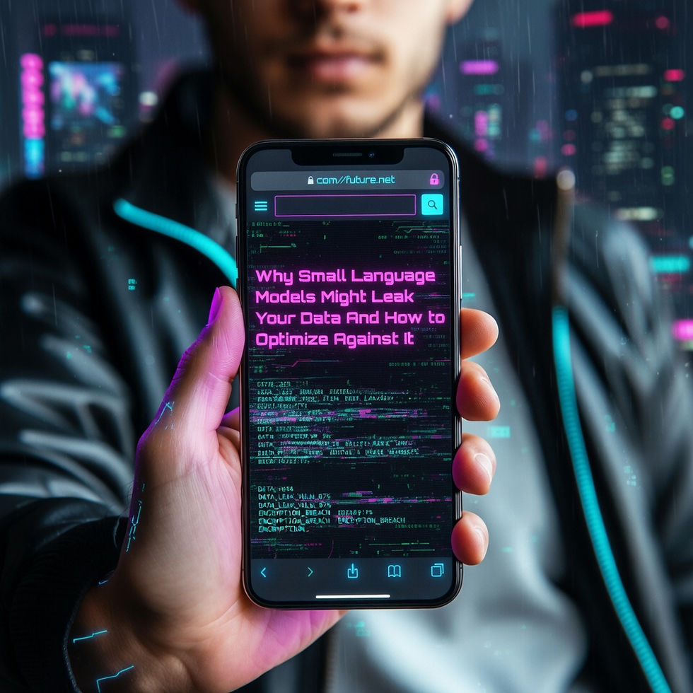 Person holding a phone displaying text on data security against a rainy, futuristic cityscape. Purple and cyan accents create a tech vibe.