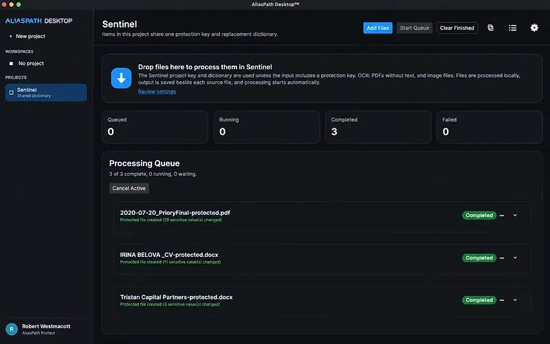 AliasPath Desktop showing three completed protected documents in a project