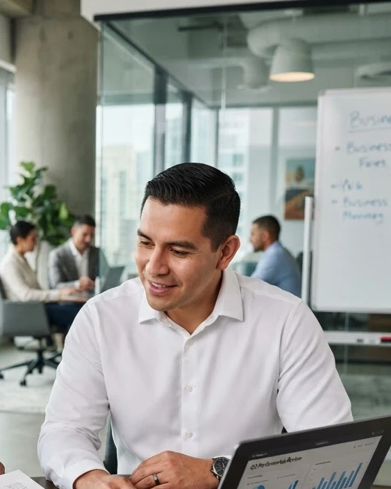 Studio photography of a professional woman and man collaborating in a bright modern office. They are reviewing business analytics together, creating an atmosphere of teamwork and productivity.