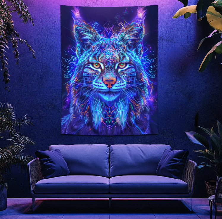 Thumbnail: UV Reactive Psychedelic Tapestry: Totem Animal Lynx, Neon Glowing Wall Art
