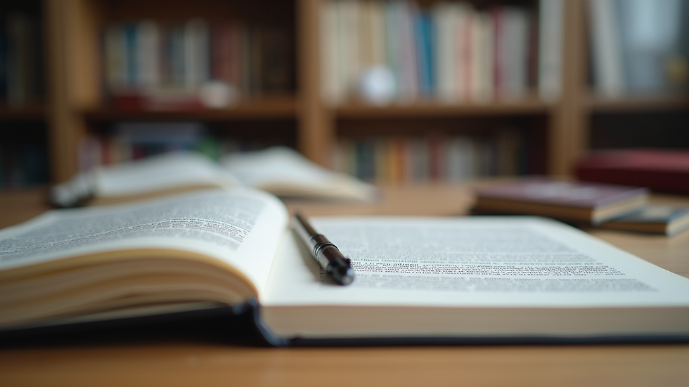 Eye-level view of a study desk with open legal textbooks and notes