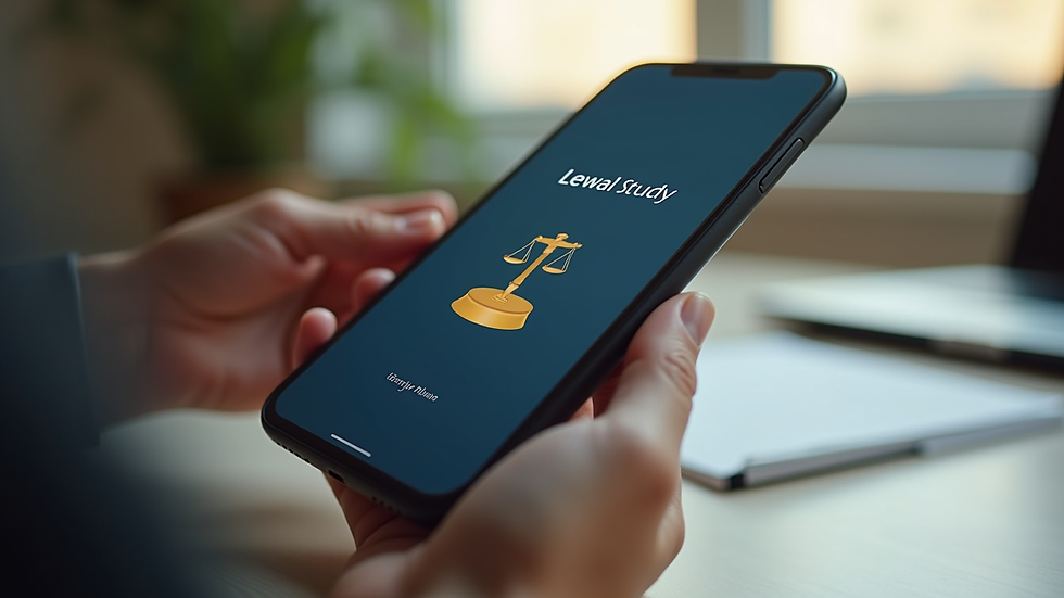 Eye-level view of a smartphone displaying a legal study app interface