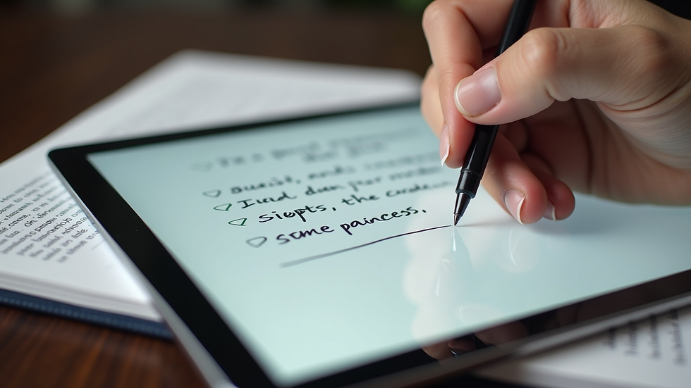 Close-up view of a tablet showing handwritten notes and a legal textbook
