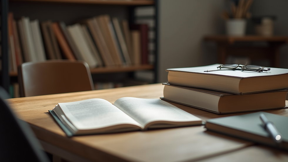 eye-level view of a study desk with legal textbooks and notes