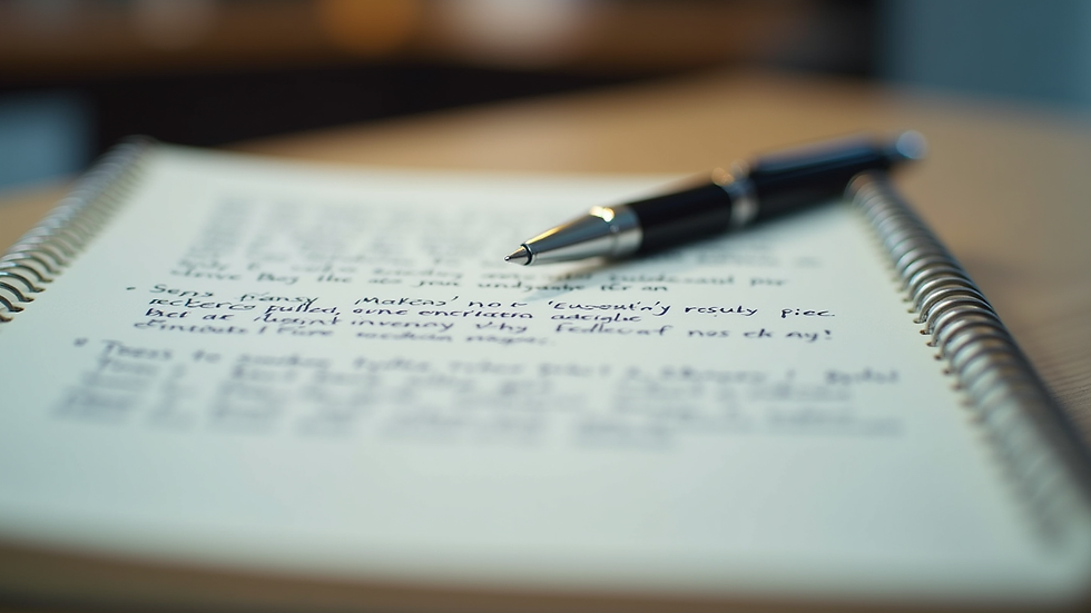 Close-up view of a notebook with handwritten notes and a pen