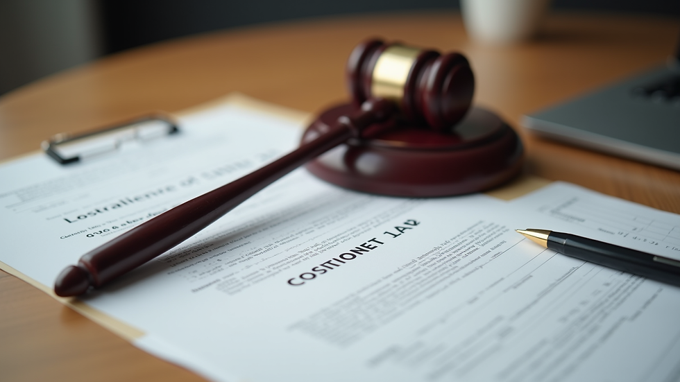 Close-up view of legal documents and a gavel on a wooden desk