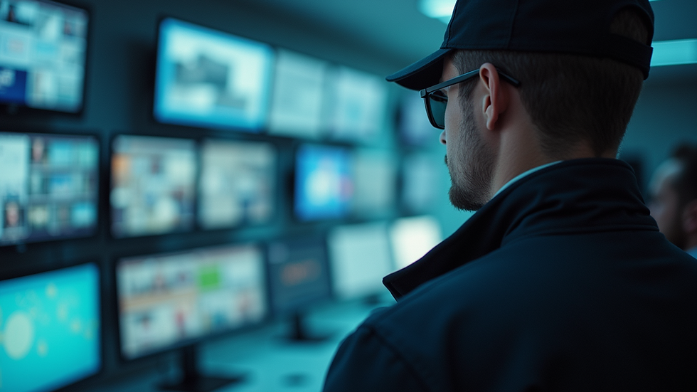 Eye-level view of security guard monitoring surveillance cameras