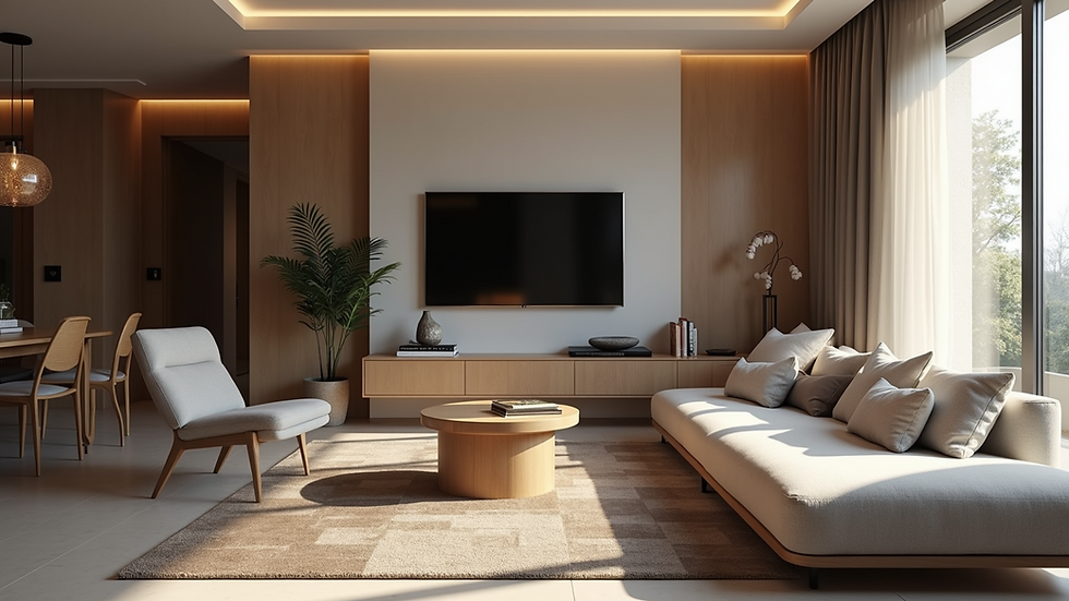 Eye-level view of a modern living room with smart lighting