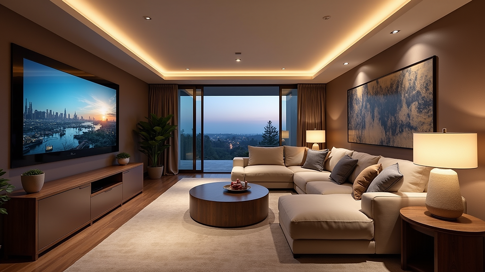 Eye-level view of a modern living room with smart lighting