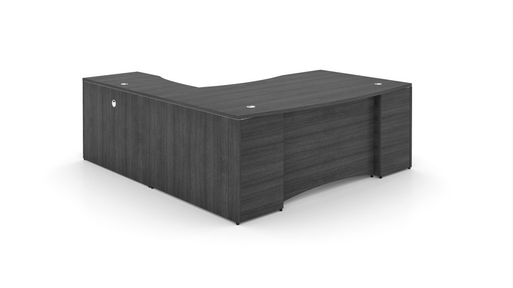 72" L-Shaped Bow front Desk with Curved Laminated Modesty Panel