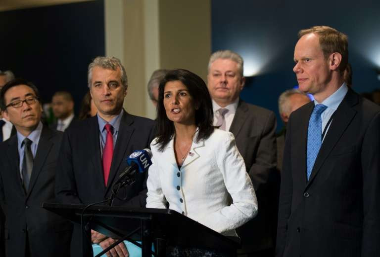 US Ambassador to the UN Nikki Haley speaks in front of the General Assembly on 27, March 2017.