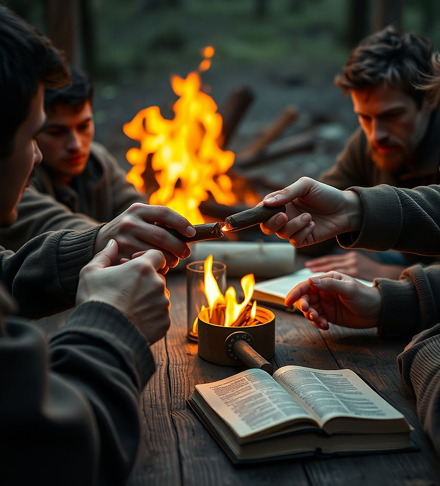 young men are gathered around a table but you can only see their hands and bodies not thei