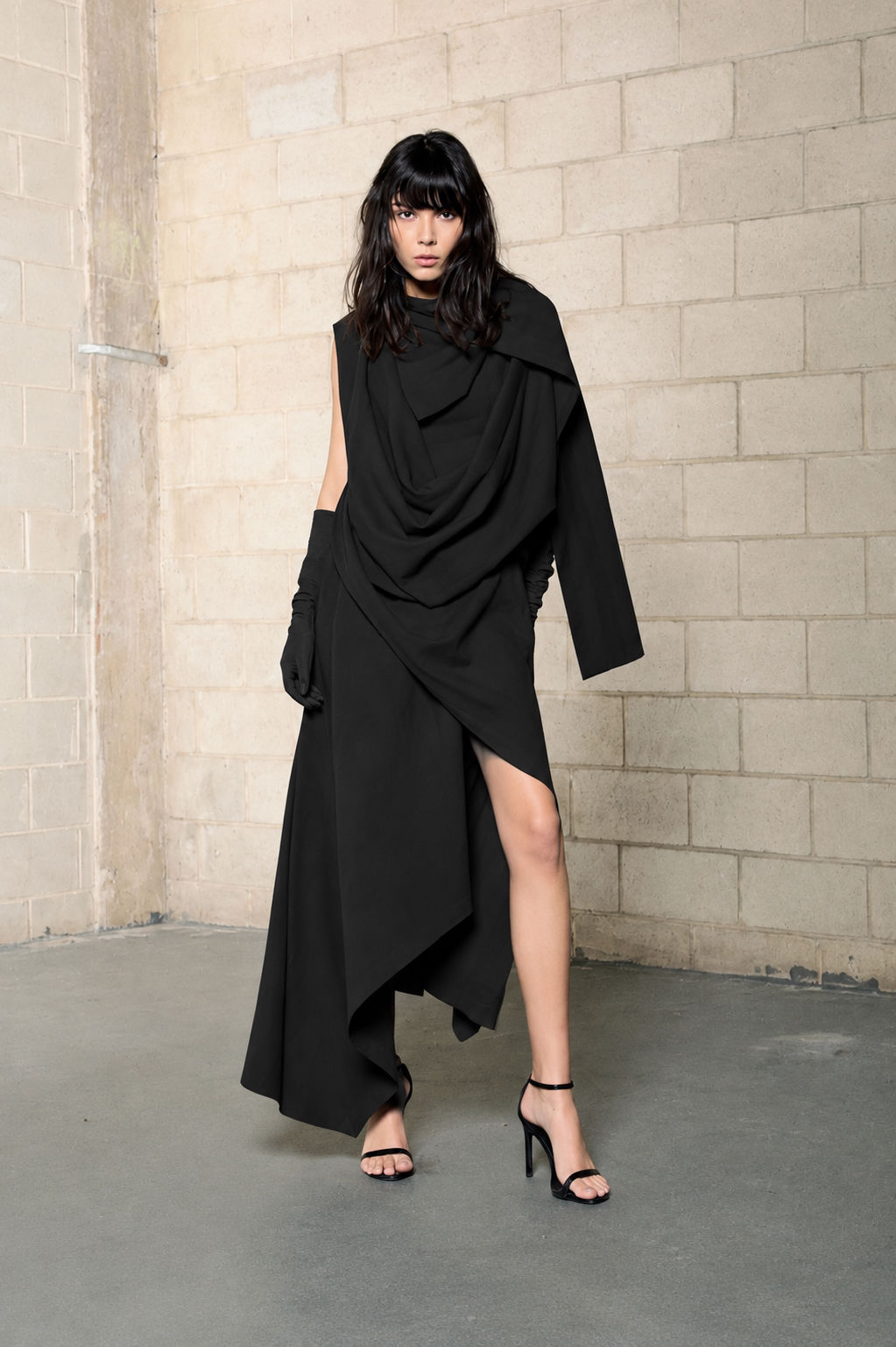 Asymmetric dress with scarf collar