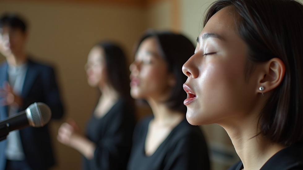 Close-up view of a singing lesson in a Tokyo vocal class