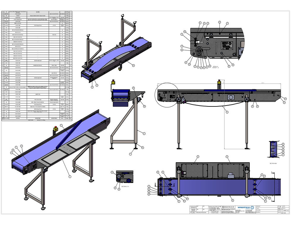 A drawing of a Transfer Conveyor, manufactured by Wrightfield Ltd