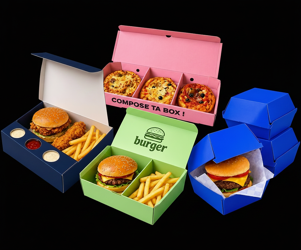 Fournisseur emballages alimentaires colorés pour burgers et pizzas