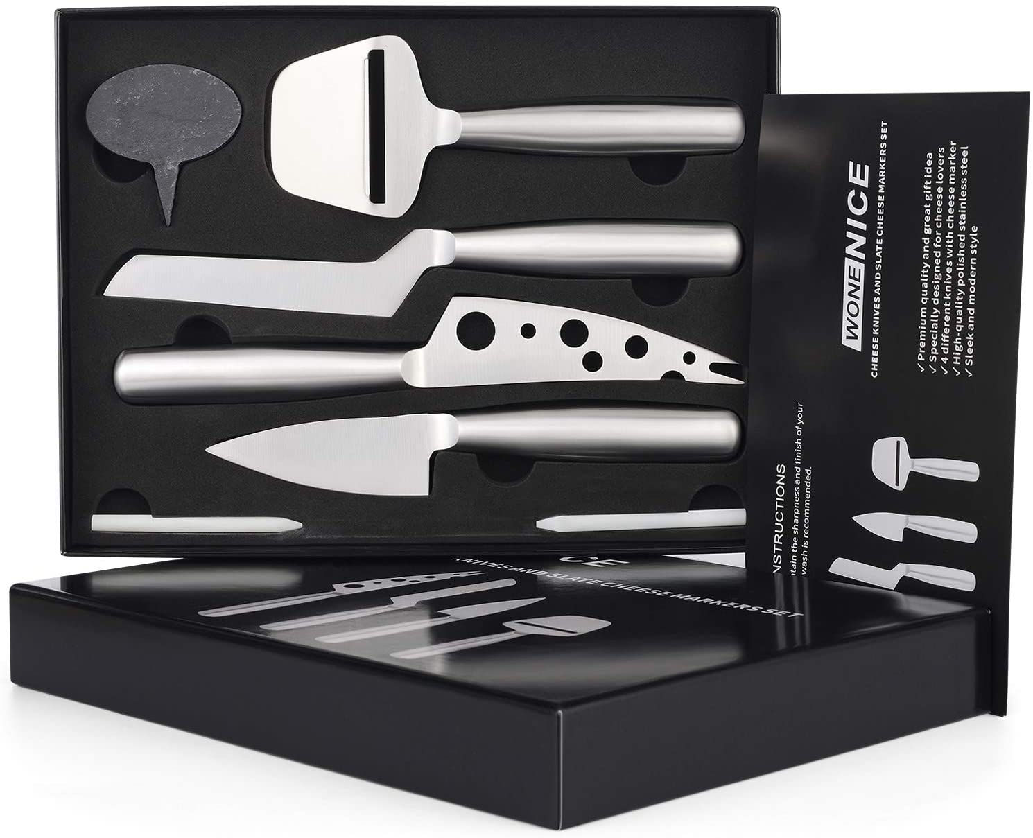 6 Pcs WoneNice Cheese Knives and Slate Markers Set Collection Premium Cheese