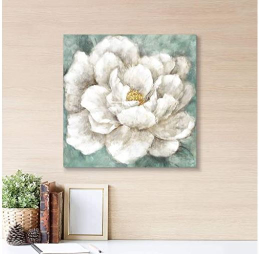 Blooming Flower Wall Art Painting White Peony Artwork on Wrapped Canvas