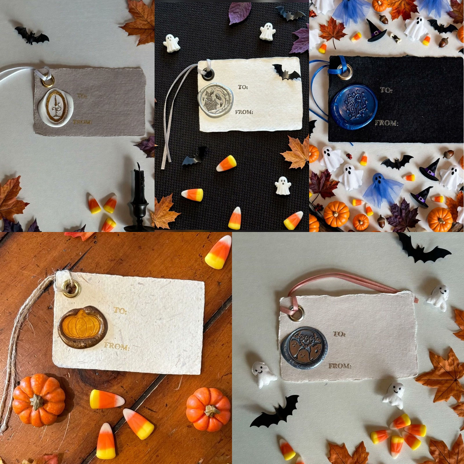 Handmade Wax Seal Halloween Gift Tags with Ribbon – 5 Pack – Combo 1