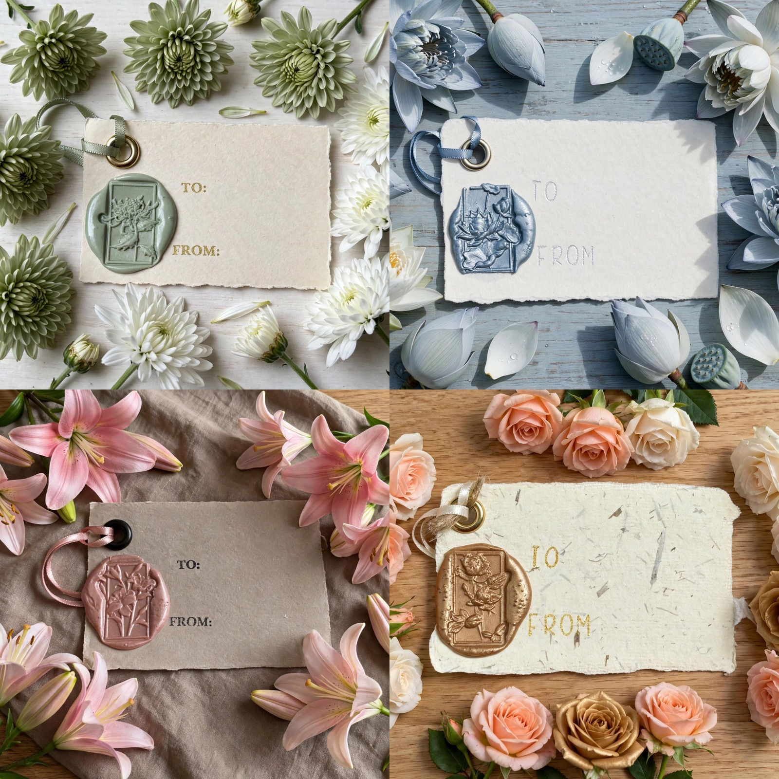 Handmade Wax Seal Flower Gift Tags with Ribbon – 4 Pack – Combo 2